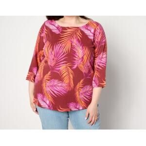 Denim & Co Size L Orange Pink Beach Printed Knit Gauze Boat Neck Top A650626